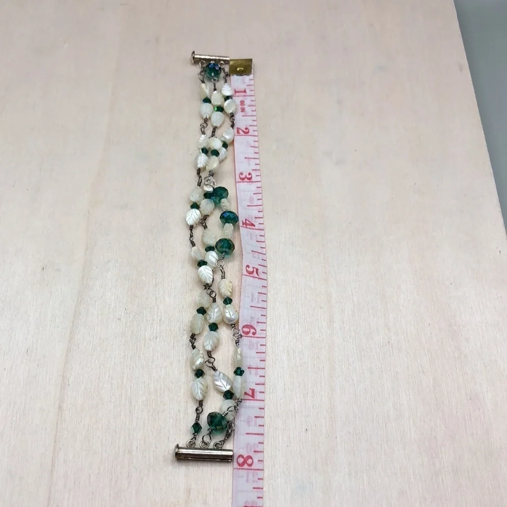 Artisan handcrafted handmade carved mother of pearl leafy bracelet, boho.